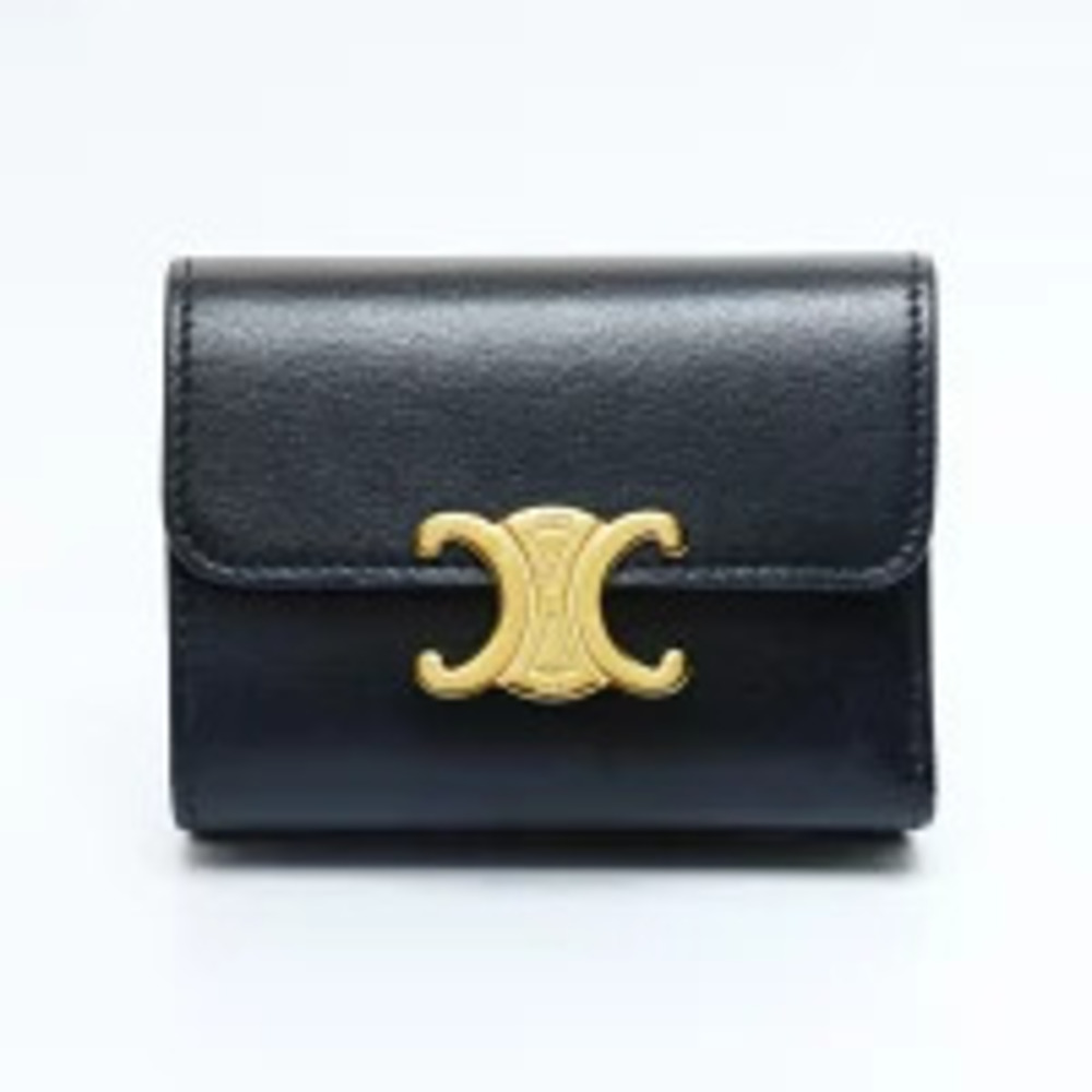 Celine Triomphe Leather Compact Wallet Tri fold Black
